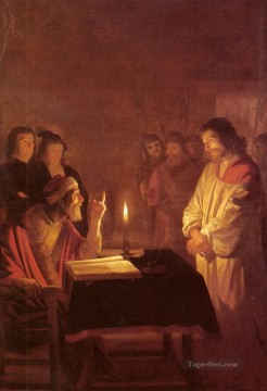 ジェラルド・ファン・ホンホルスト Painting - 大祭司の前のキリスト 夜のろうそくの明かりに照らされたジェラルド・ファン・ホンホルスト